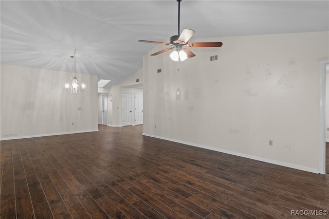 spare room with high vaulted ceiling, dark wood-type flooring, and ceiling fan