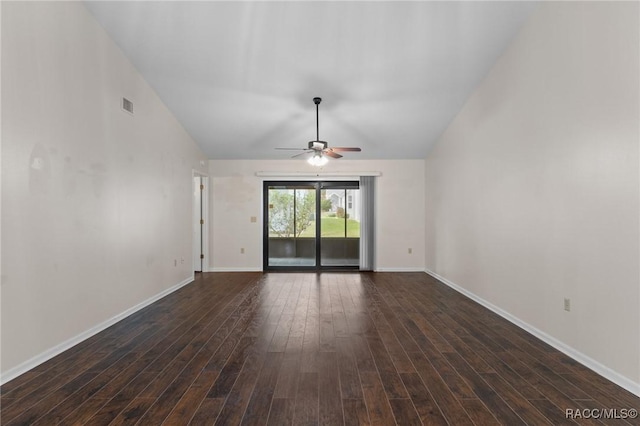 unfurnished room featuring ceiling fan, high vaulted ceiling, and dark hardwood / wood-style flooring