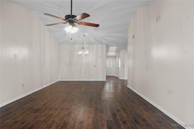 unfurnished room featuring dark wood-type flooring and ceiling fan with notable chandelier