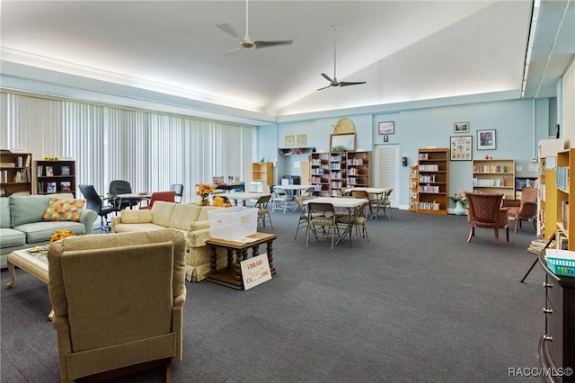 carpeted living room with high vaulted ceiling and ceiling fan