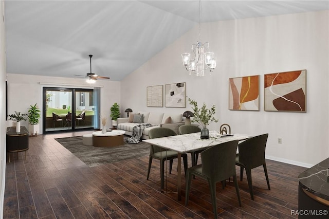 dining room featuring dark wood-type flooring, ceiling fan, and high vaulted ceiling