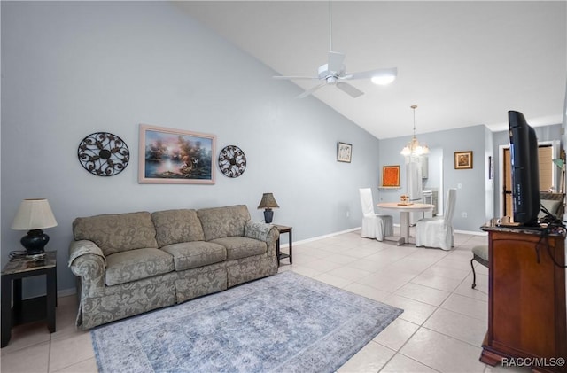 living room featuring a ceiling fan, high vaulted ceiling, baseboards, and light tile patterned floors