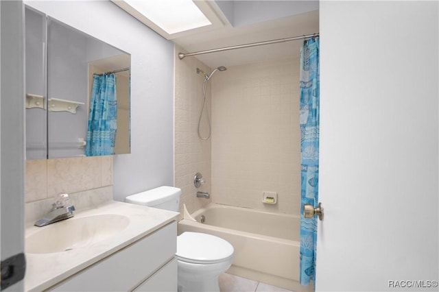 bathroom with tasteful backsplash, toilet, shower / bathtub combination with curtain, tile patterned flooring, and vanity