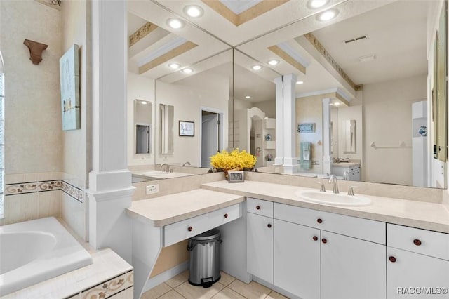 full bath featuring a garden tub, tile patterned flooring, recessed lighting, visible vents, and ornate columns