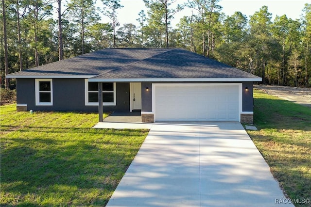 single story home with stone siding, stucco siding, roof with shingles, an attached garage, and a front yard