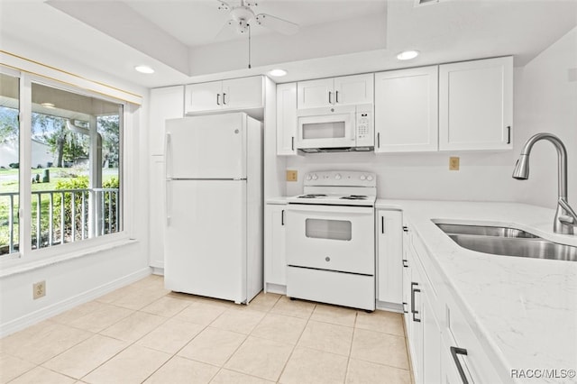 kitchen featuring ceiling fan, white cabinetry, white appliances, and sink