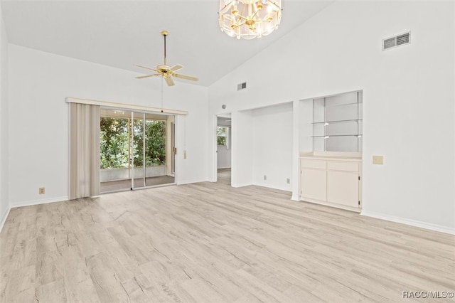 unfurnished living room with built in features, light hardwood / wood-style flooring, high vaulted ceiling, and ceiling fan with notable chandelier