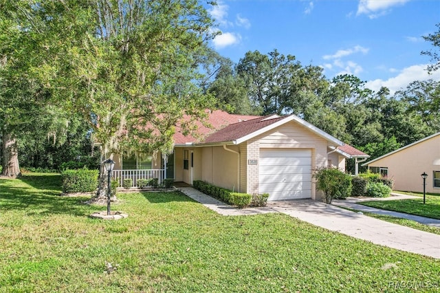 ranch-style house with a porch, a garage, and a front lawn