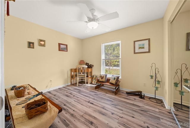 miscellaneous room with ceiling fan and light hardwood / wood-style flooring