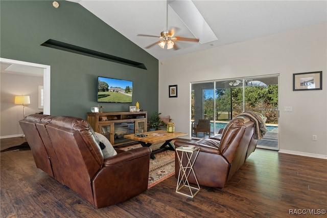 living room with dark hardwood / wood-style floors, high vaulted ceiling, and ceiling fan