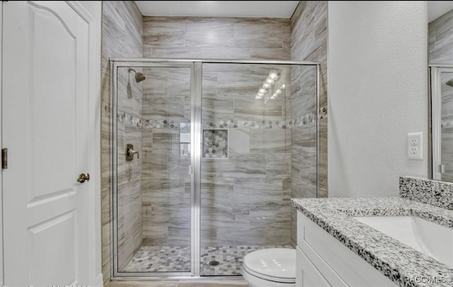 bathroom with vanity, toilet, and a shower with shower door