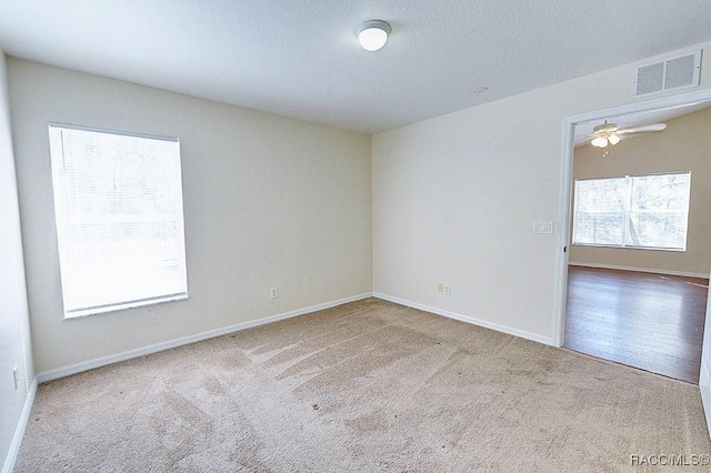 carpeted spare room featuring ceiling fan and a textured ceiling