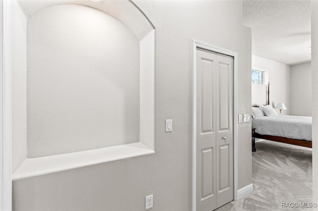 bedroom featuring light colored carpet and a closet