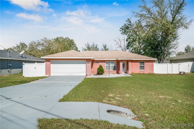 single story home featuring a front lawn and a garage