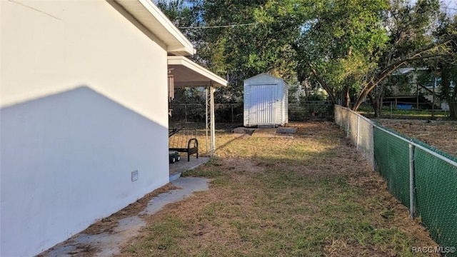 view of yard featuring a storage unit