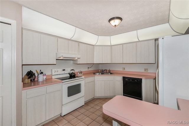 kitchen featuring sink, extractor fan, a textured ceiling, white appliances, and light tile patterned floors