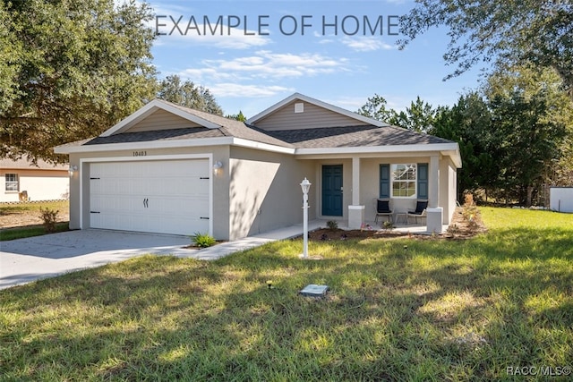 ranch-style house with a garage and a front lawn