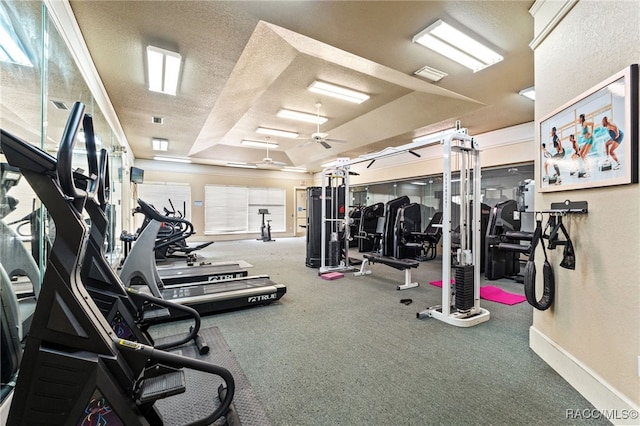 17108 Carrington Park Dr Unit 711, Tampa, FL 33647 - gym featuring visible vents, a textured ceiling, baseboards, and ceiling fan