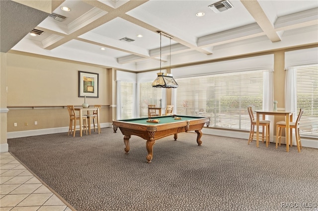 17108 Carrington Park Dr Unit 711, Tampa, FL 33647 - recreation room with pool table, visible vents, beamed ceiling, and coffered ceiling