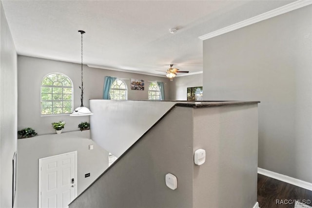 stairs with wood finished floors, ceiling fan, and baseboards