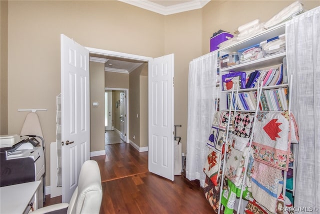 office area with dark hardwood / wood-style flooring and ornamental molding