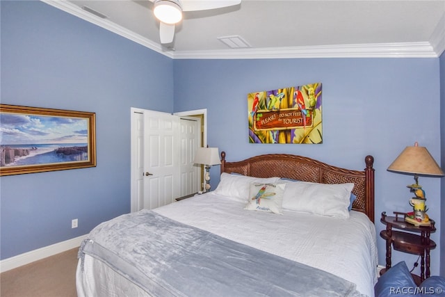 carpeted bedroom featuring ceiling fan, crown molding, and vaulted ceiling