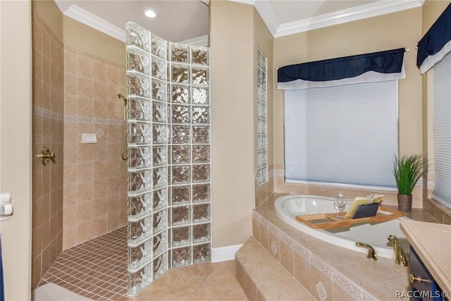 bathroom featuring separate shower and tub, tile patterned flooring, and ornamental molding