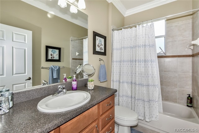 full bathroom with vanity, toilet, shower / bathtub combination with curtain, and ornamental molding