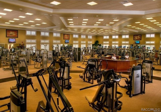 exercise room with ornamental molding, light carpet, and coffered ceiling