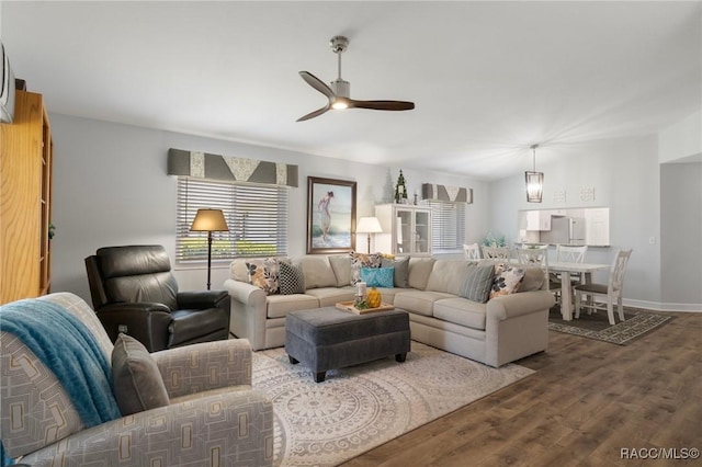 13618 SW 111th Cir, Dunnellon, FL 34432 - living room with wood finished floors, ceiling fan, and baseboards