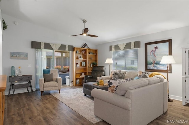 13618 SW 111th Cir, Dunnellon, FL 34432 - living area featuring ceiling fan, healthy amount of natural light, wood finished floors, and vaulted ceiling