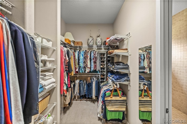 walk in closet with carpet flooring