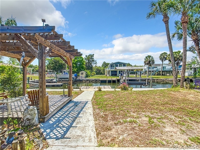 view of dock featuring a water view and a pergola