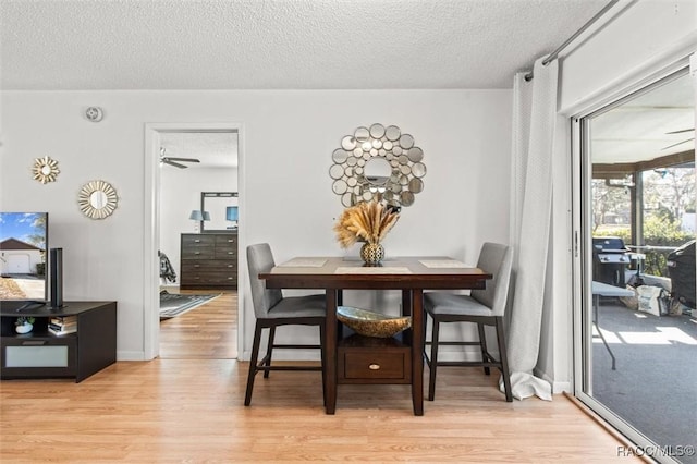 dining room featuring a textured ceiling, ceiling fan, and light hardwood / wood-style flooring