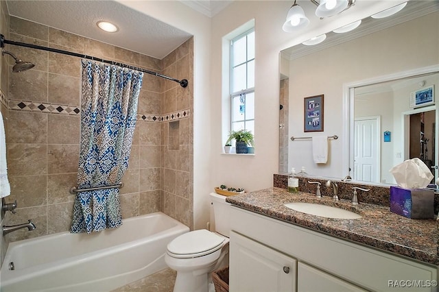 full bathroom with crown molding, toilet, shower / bath combination with curtain, and vanity