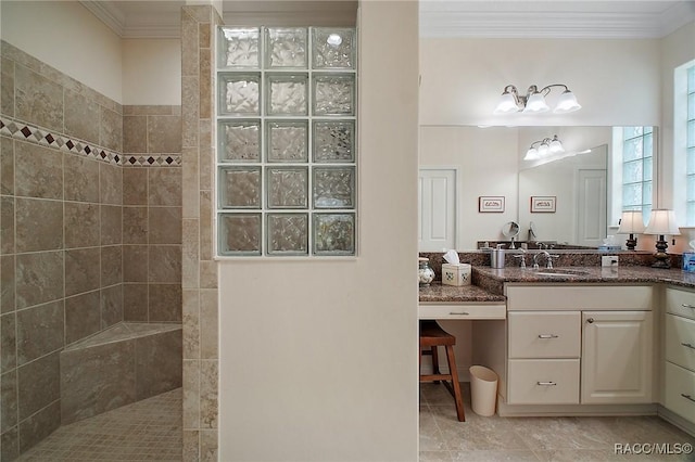 full bathroom with a walk in shower, ornamental molding, and vanity