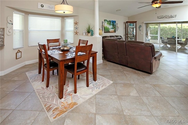 2101 N Brentwood Cir, Lecanto, FL 34461 - dining space featuring lofted ceiling, ceiling fan, decorative columns, baseboards, and light tile patterned floors