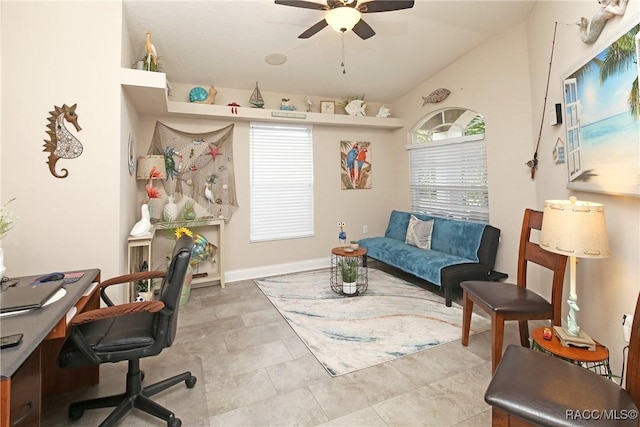 2101 N Brentwood Cir, Lecanto, FL 34461 - home office featuring ceiling fan, lofted ceiling, and baseboards