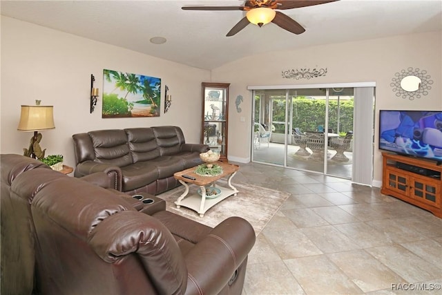2101 N Brentwood Cir, Lecanto, FL 34461 - living area featuring vaulted ceiling, ceiling fan, baseboards, and light tile patterned flooring