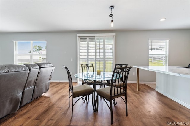 dining area featuring plenty of natural light and dark wood-type flooring