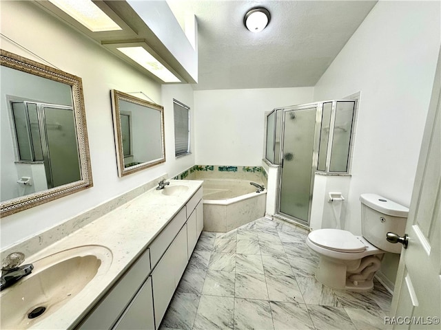 full bathroom with vanity, toilet, a textured ceiling, and independent shower and bath