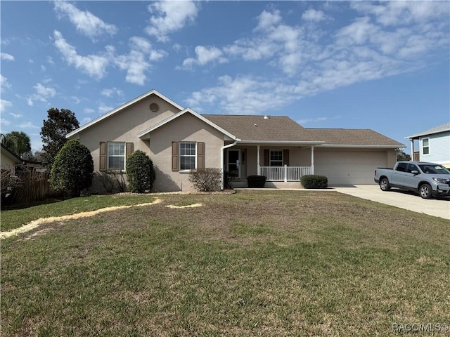 single story home with a garage, covered porch, and a front lawn