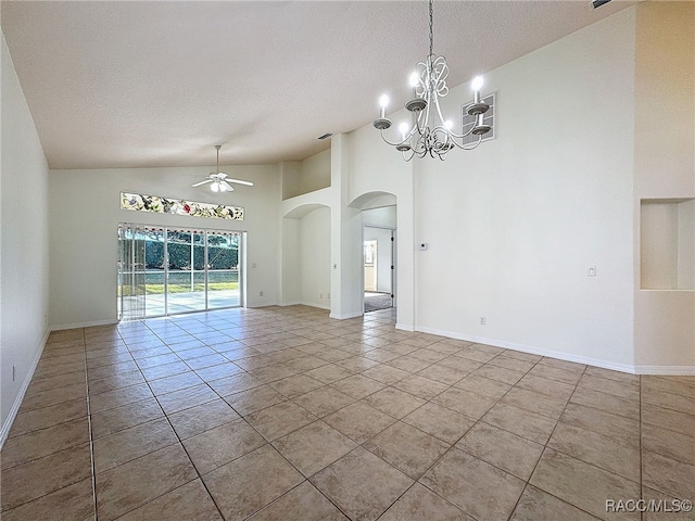 spare room featuring high vaulted ceiling, ceiling fan with notable chandelier, a textured ceiling, and light tile patterned floors