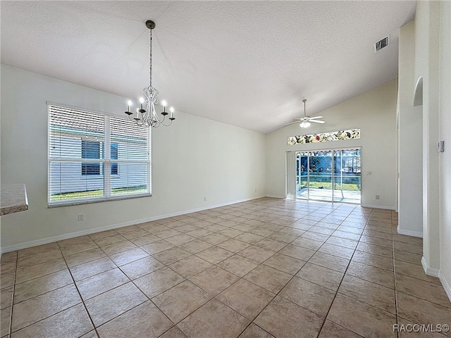 unfurnished room featuring light tile patterned flooring, lofted ceiling, ceiling fan with notable chandelier, and a textured ceiling