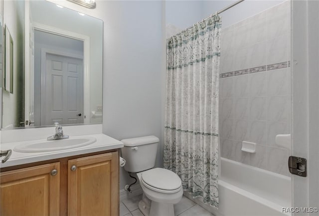 bathroom with toilet, tile patterned flooring, vanity, and shower / tub combo with curtain