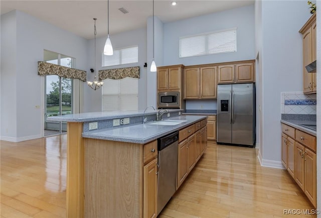 kitchen with a center island with sink, stainless steel appliances, a sink, and decorative light fixtures