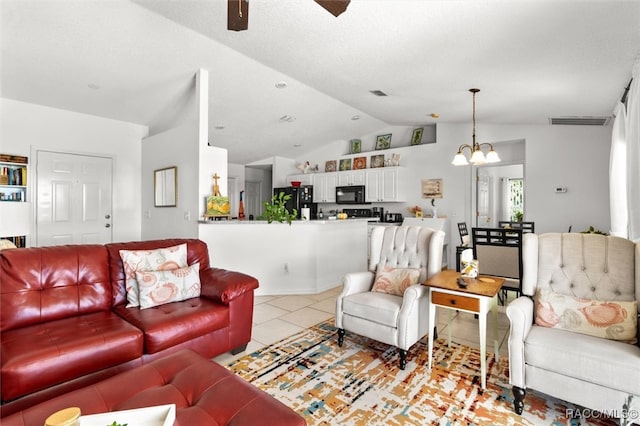 living room featuring light tile patterned floors, ceiling fan with notable chandelier, and vaulted ceiling