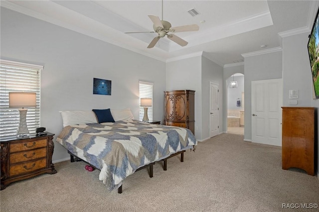 4198 N Longvalley Rd, Hernando, FL 34442 - carpeted bedroom featuring ensuite bath, crown molding, visible vents, baseboards, and arched walkways