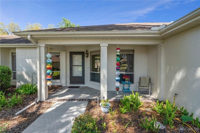 view of exterior entry with stucco siding, a porch, and a shingled roof