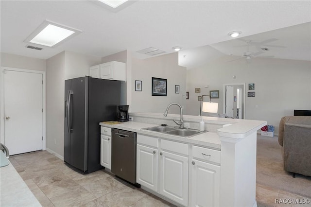 kitchen with white cabinetry, lofted ceiling, sink, ceiling fan, and black appliances